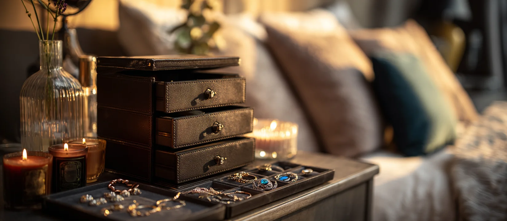 A grey velvet stackable jewelry box on a dresser, holding an elegant watch and bracelet.